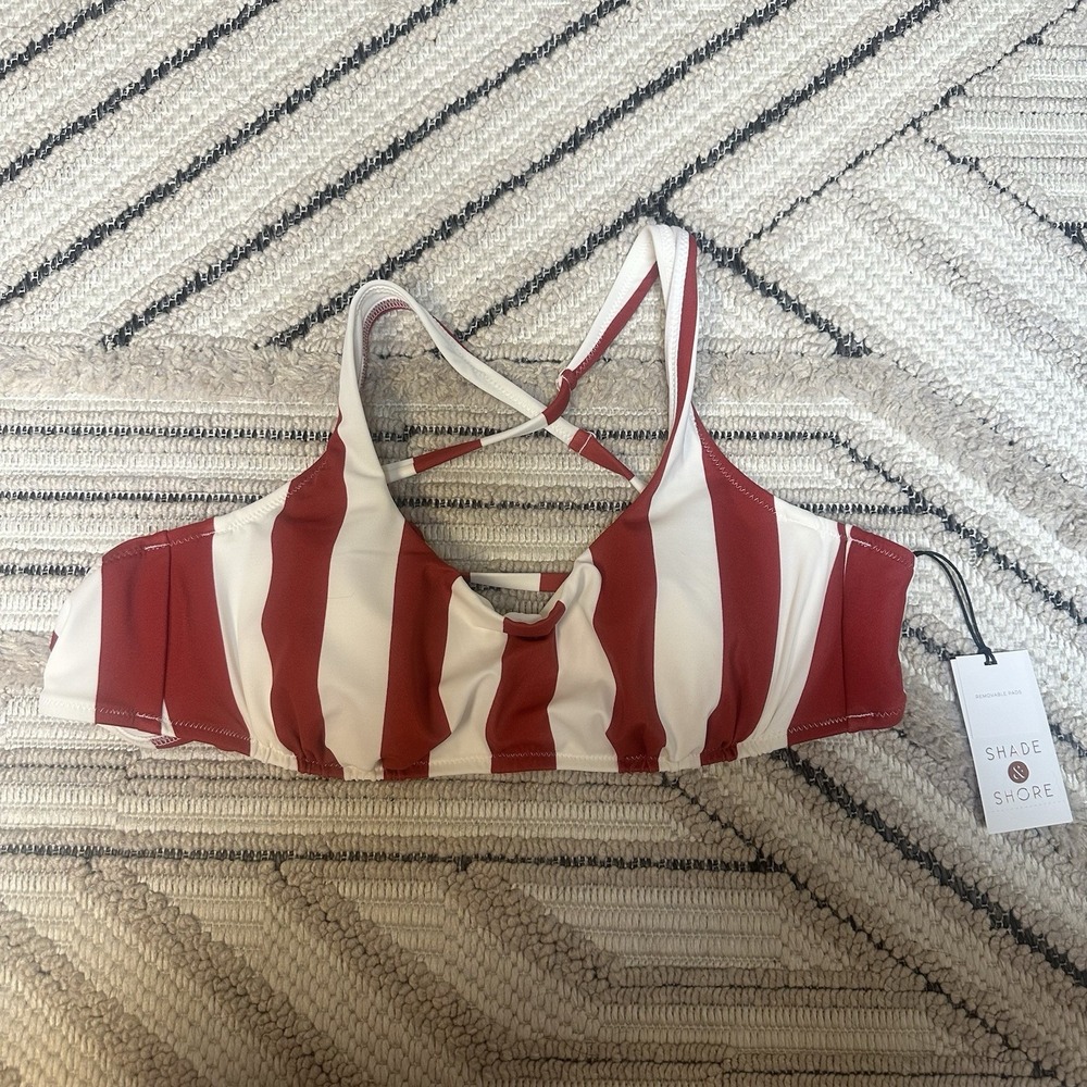 Shade & Shore Bikini Top Women's 36B Maroon Red White Stripe Underwired Bralette